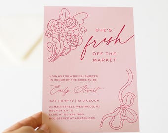 Fresh Off the Market Bridal Shower Invitation Template, Coquette Flowers Ribbon Bow Wedding Shower Invite, Editable Text #0058B-358BS