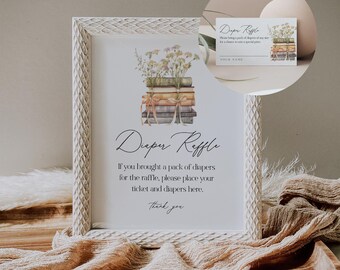 Wildflower Book Diaper Raffle Game, Printable New Chapter Baby Shower Diaper Raffle Insert & Sign, Editable Template, Instant #0066-20BAG