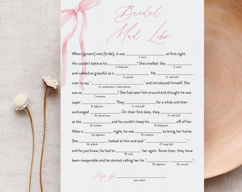 Mad Libs Bridal Shower Game, Coquette Bow Bridal Shower Funny Game, Pink Ribbon, Instant Download, Templett, 5x7 #0057-09BRG