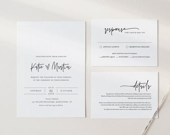 Minimalist Wedding Invitation Set, Simple, Modern, Basic Wedding Invite, RSVP, Detail, Editable Template, Instant Download, Templett #0009A