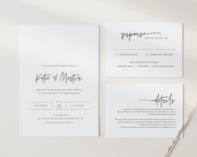 Minimalist Wedding Invitation Set, Simple, Modern, Basic Wedding Invite, RSVP, Detail, Editable Template, Instant Download, Templett #0009A