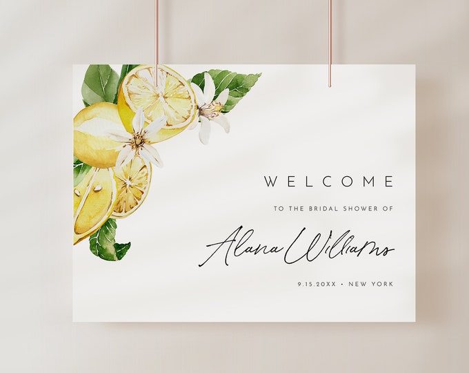 Lemon Welcome Sign Template,Summer Citrus Bridal Shower, Wedding, Baby Shower Poster, Instant Download, Editable, Templett #0027-275LS