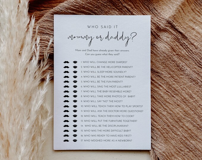 Who Said It, Mommy or Daddy Game, Minimalist Baby Shower, 100% Editable Template, Instant, Templett, 5x7 #0031-303BASG