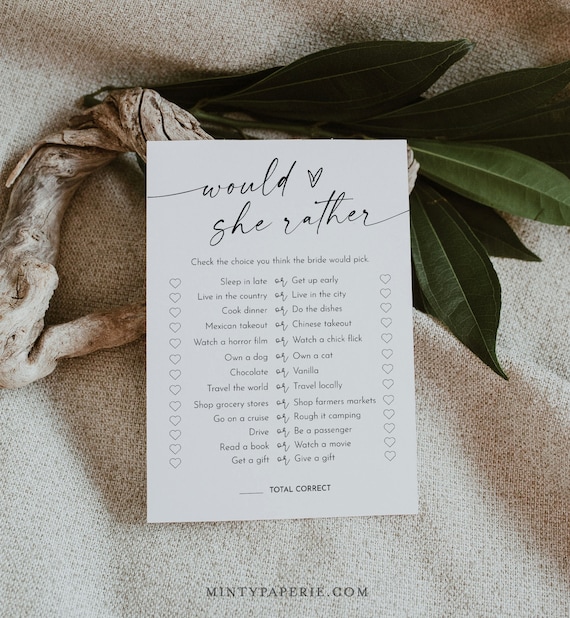 Would She Rather Bridal Shower Game Template, Minimalist Bridal Shower Printable, Editable Template, Instant Download, Templett #0034W-04BRG