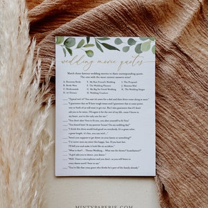 Peut inclure: Un jeu de citations de films de mariage imprimable avec un fond blanc et des feuilles vertes en aquarelle. Le jeu pr&eacute;sente une liste de films de mariage populaires et des citations de chaque film. Le texte "wedding movie quotes" est &eacute;crit en lettres d'or.