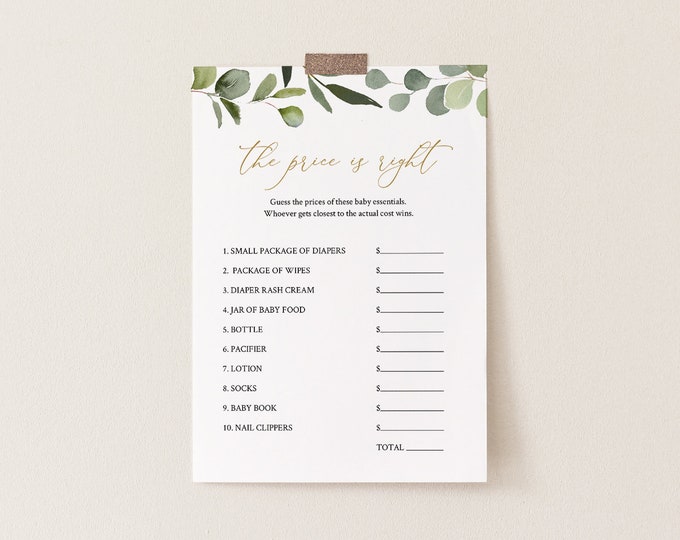 The Price Is Right Baby Shower Game Template, Greenery & Gold, 100% Editable Text, Printable, Instant Download, Templett #056-116BASG