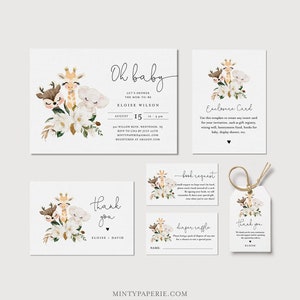 Baby Shower Bundle, Mignons bébés animaux, Inviter, Demande de livre, Étiquette de faveur, Carte de remerciement, 100 % modifiable, Téléchargement instantané, Templett #0008B-BDL