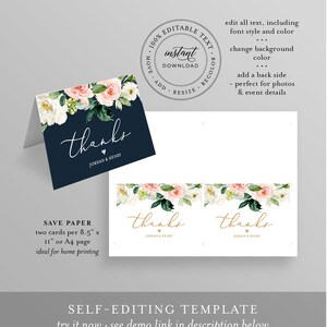 May include: Navy blue thank you card with floral accents. The card features the word "thanks" in elegant script, with the names "Jordan & Henry" below. The design includes a floral border with pink and white roses.