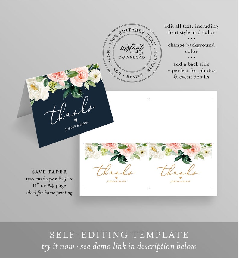 May include: Navy blue thank you card with floral accents. The card features the word "thanks" in elegant script, with the names "Jordan & Henry" below. The design includes a floral border with pink and white roses.
