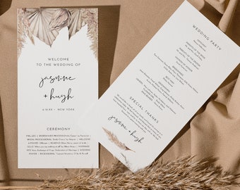 Bohemian Wedding Program Template, Pampas, Palm, Boho Order of Service, Editable, Printable, Instant Download, Templett, 4x9 #0022-179WP