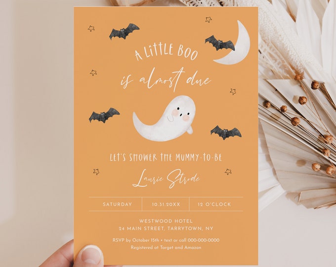 Halloween Baby Shower Invitation, A Little Boo Almost Due, Baby Boo, Ghost, Spooky, Editable Template, Instant Download, Templett #066-227BA