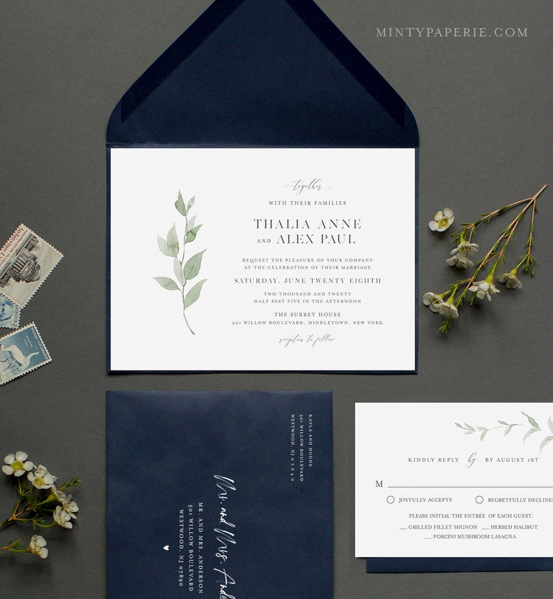 Minimalist Greenery Wedding Invitation, Delicate Whisper Laurels Wedding Invite, Editable Template, Instant Download, Templett 0004B2 image 1