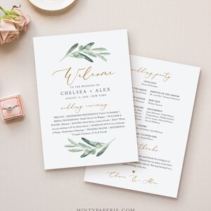 May include: A wedding ceremony program with a green olive branch design. The program includes the names Chelsea and Alex, the date August 14, 2020, and the location New York. The program also includes the order of events for the ceremony.