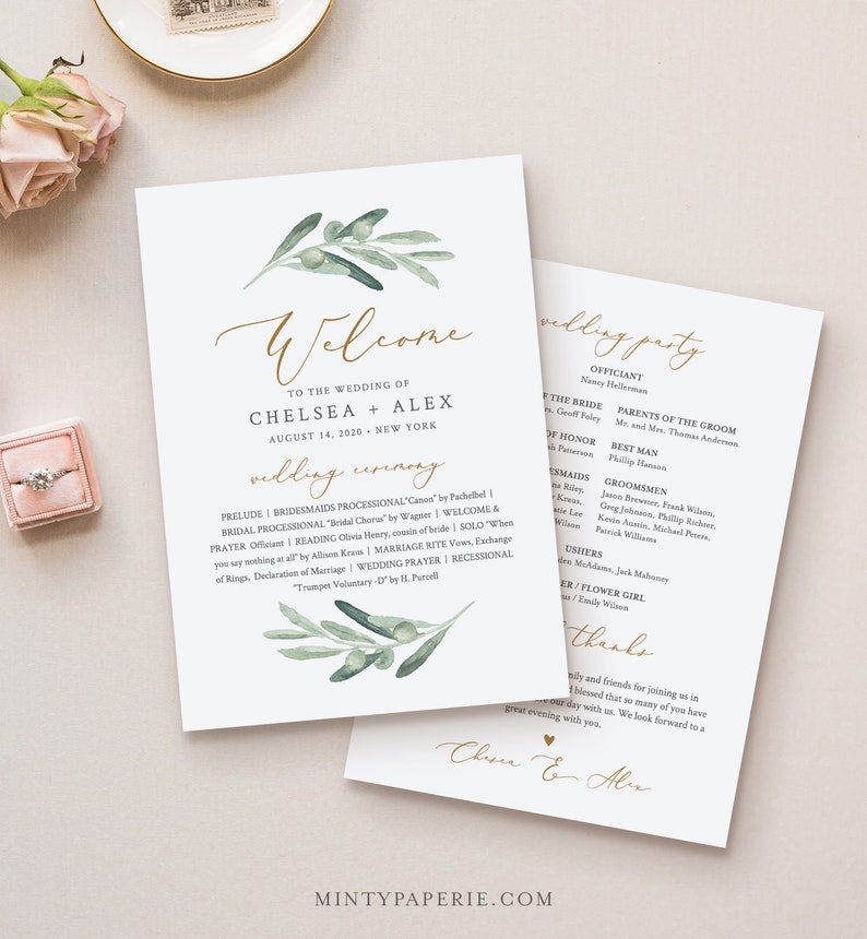 May include: A wedding ceremony program with a green olive branch design. The program includes the names Chelsea and Alex, the date August 14, 2020, and the location New York. The program also includes the order of events for the ceremony.