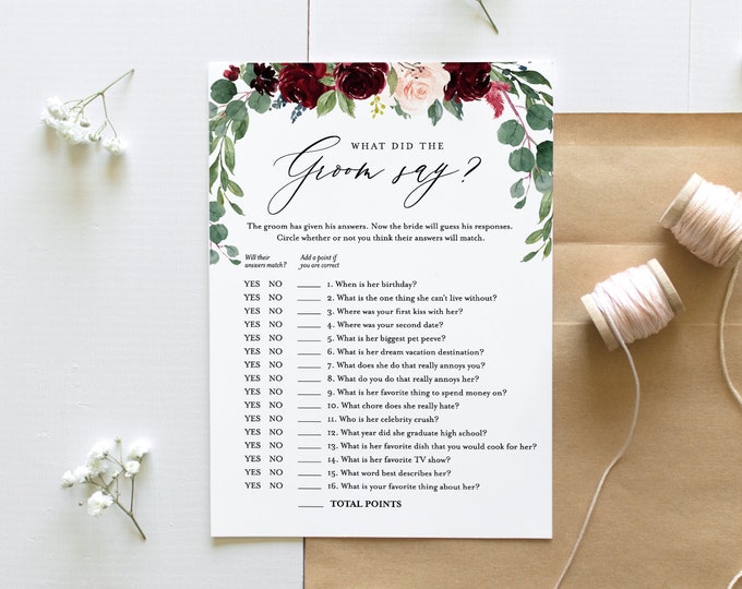 What Did the Groom Say Bridal Shower Game Template, Editable Questions, INSTANT DOWNLOAD, Printable Shower Game, Templett, DIY #062-126BG