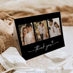 Tarjeta de agradecimiento de foto de boda, Plantilla de tarjeta de agradecimiento plana y doblada clásica negra, Editable, Descarga instantánea, Templett, 5x7 0034B-208TYC