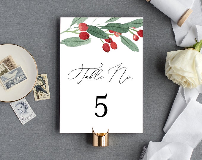 Table Number Card Template, Winter Wedding Table Number, Holly, Evergreen, Rustic, 100% Editable Text, INSTANT DOWNLOAD, 4x6, 5x7 #071-138TC