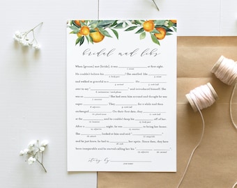 Mad Libs Bridal Shower Game, Printable Summer Bridal Shower Funny Game, Citrus Orange, Editable, Instant Download, Templett #084-225BG