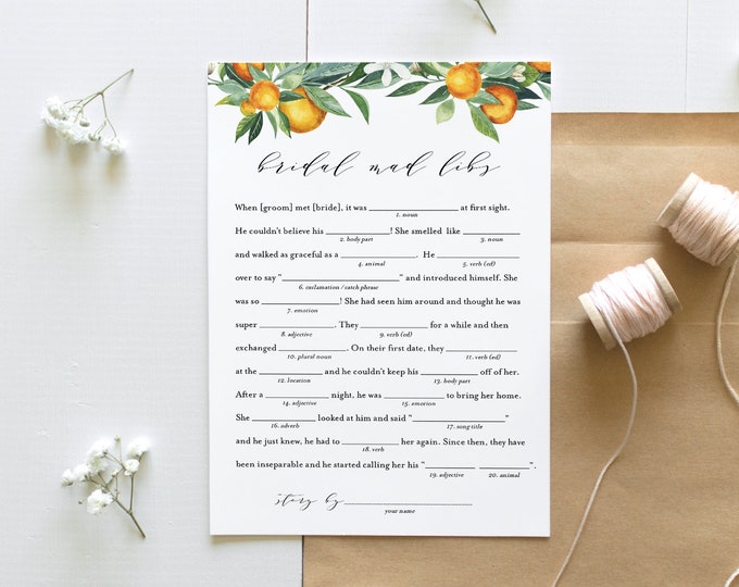 Mad Libs Bridal Shower Game, Printable Summer Bridal Shower Funny Game, Citrus Orange, Editable, Instant Download, Templett #084-225BG