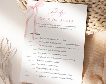 Over or Under Baby Shower Game, Coquette Bow Girl Baby Shower, Pink Ribbon, Editable Template, Instant Download, Templett #0057-15BAG