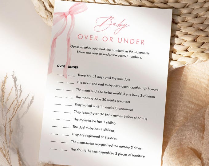 Over or Under Baby Shower Game, Coquette Bow Girl Baby Shower, Pink Ribbon, Editable Template, Instant Download, Templett #0057-15BAG