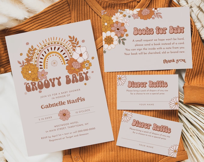 Groovy Baby Shower Bundle, Hippie, Retro, 70's Baby Invitation, Diaper Raffle, Book Request, Editable Template, Templett #050-216BA