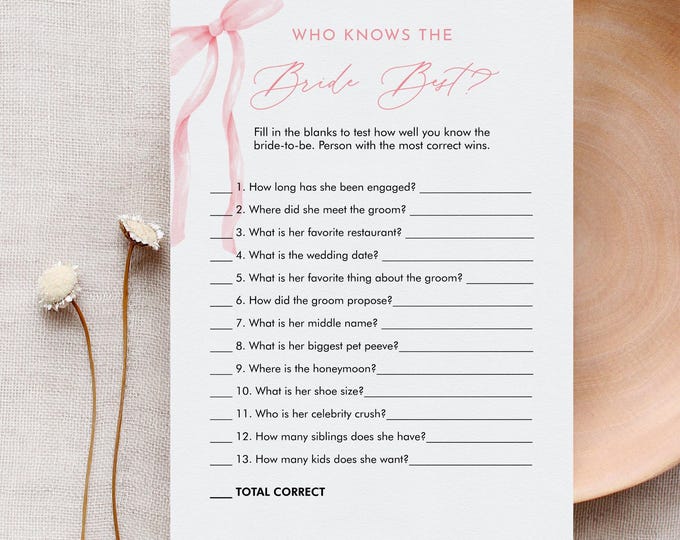 How Well Do You Know the Bride, Who Knows the Couple Best, Coquette Bow Bridal Shower Game, Pink Ribbon, Editable Template #0057-03BRG