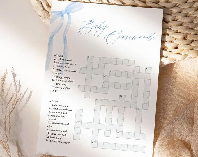 Baby Crossword Puzzle, Coquette Bow Boy Baby Shower Game, Blue Ribbon Printable Crossword Game, Instant Download, Templett, 5x7 #0057-33BAG