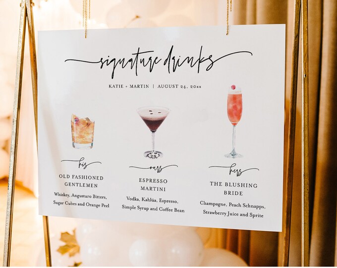 Signature Drinks Sign, 200+ Cocktails, Wine, Beer, Minimalist Signature Bar Menu, Alcohol, His Her Drinks, Instant Download #0009-85S