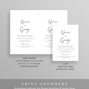May include: Printable wedding invitation template with a simple design featuring the names "Narni + George" in black script font. The invitation includes the date, time, and location of the wedding ceremony and reception. The text "Save Paper" and "1-Up" indicates the different print options available. The text "Print Anywhere" is included at the bottom of the template.