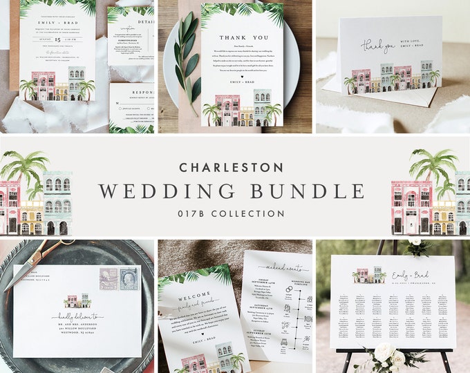 Charleston Large Wedding Bundle, Wedding Invitation Suite & Day of Templates, 100% Editable Text, Instant Download, Templett #017B-BUNDLE