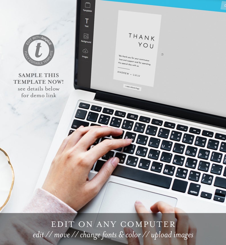 May include: A laptop computer with a white background and a screen displaying a thank you card template. The text on the card reads "Thank You" and "We thank you for your continuous love and support and for spending this special day with us." The card also includes the names "Andrew & Lulu". The laptop keyboard is visible and a hand is typing on the keyboard.