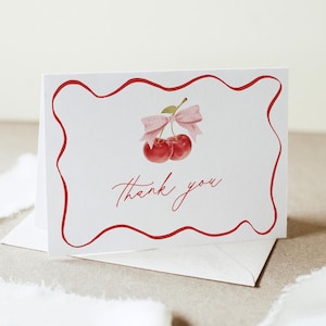 Tarjeta de agradecimiento plegable con diseño de cerezas de Coquette, imprimible, nota para baby shower o despedida de soltera, plantilla editable, descarga instantánea, plantilla n.° 0056-236TYC