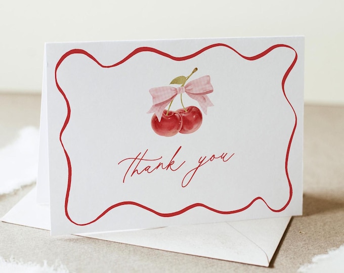 Coquette Cherry Thank You Folded Card Printable, Baby / Bridal Shower Note, Editable Template, Instant Download, Templett #0056-236TYC