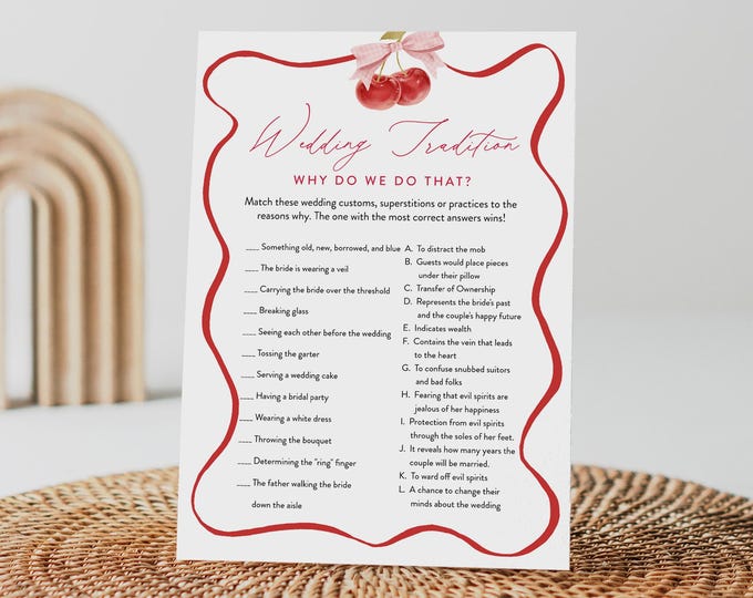 Wedding Traditions Bridal Shower Game Template, Cherry Bridal Shower Printable, Editable Template, Instant Download, Templett #0056-24BRG