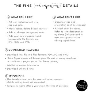 May include: A white background with black text outlining the editable and non-editable features of a digital template. The text reads "THE FINE (and important) DETAILS" and lists the editable features as "All text, including font style, size and color", "Move, resize, delete & add new text", "Add or change background color", "Add your own images/artwork (acceptable file formats are JPG, PNG and SVG)". The non-editable features are listed as "Document size and orientation can't be changed", "Artwork can't be edited. Refer to item description or try demo (link provided in item description) to see editing capabilities."
