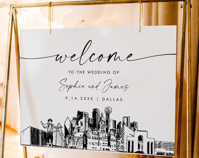 Dallas Welcome Sign, Texas City Skyline Wedding Sign, Printable Instant Download, Editable Template, Templett, 18x24, 24x36 #0047-353LS