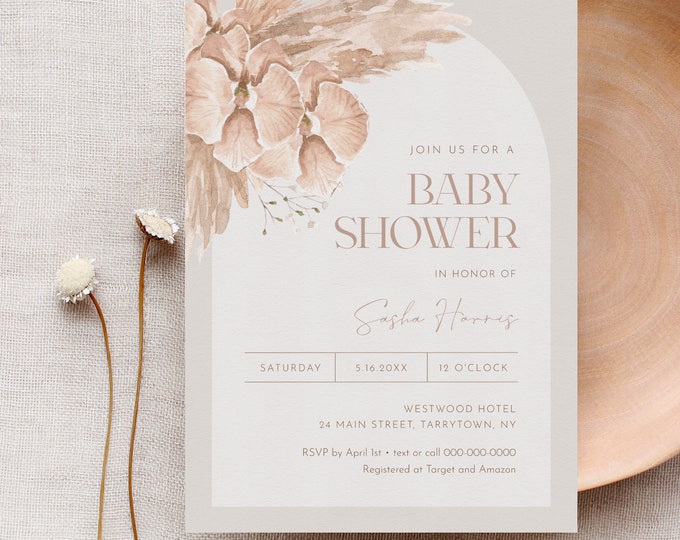 Bohemian Baby Shower Invitation, Boho Pampas Baby Shower Invite, Editable Template, Instant, Templett #028-209BA