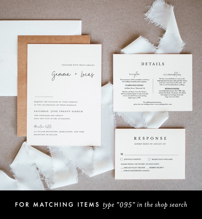 May include: Wedding invitation suite with a white background and black text. The invitation card features the names "Gemma + Lucas" and the wedding date "Saturday, June Twenty Eighth". The details card includes information about the reception, accommodations, and a response card with RSVP options.