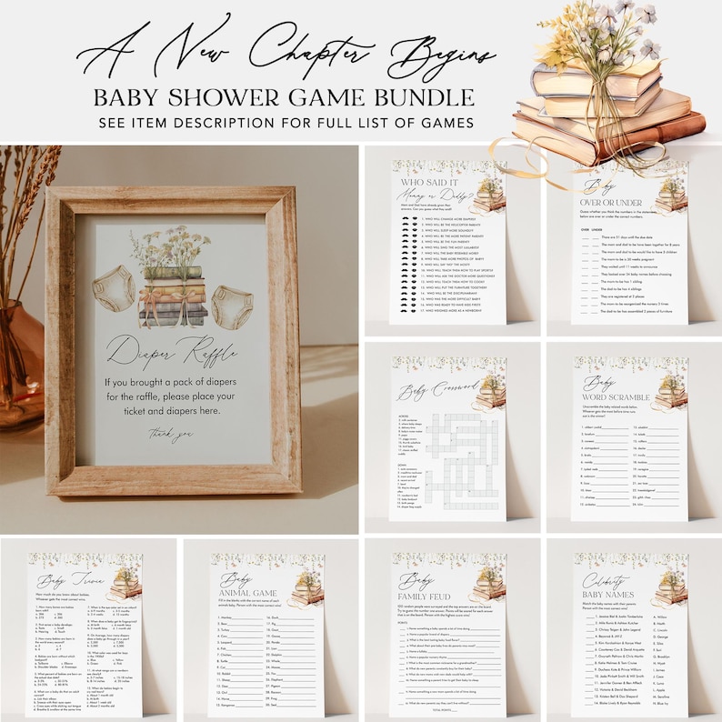 May include: A set of printable baby shower game cards featuring a book stack and floral design. The games include "Who Said It", "Over or Under", "Baby Crossword", "Baby Word Scramble", "Baby Trivia", "Animal Game", "Family Feud", and "Celebrity Baby Names".