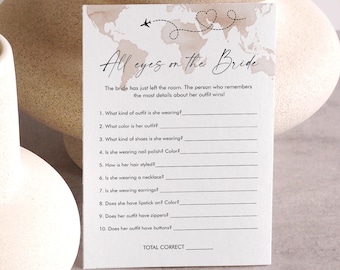 All Eyes on the Bride Game,Travel Theme Bridal Shower Game, Guess the Brides Outfit, World Map, Editable Template, Templett, 5x7 #0039-17BRG