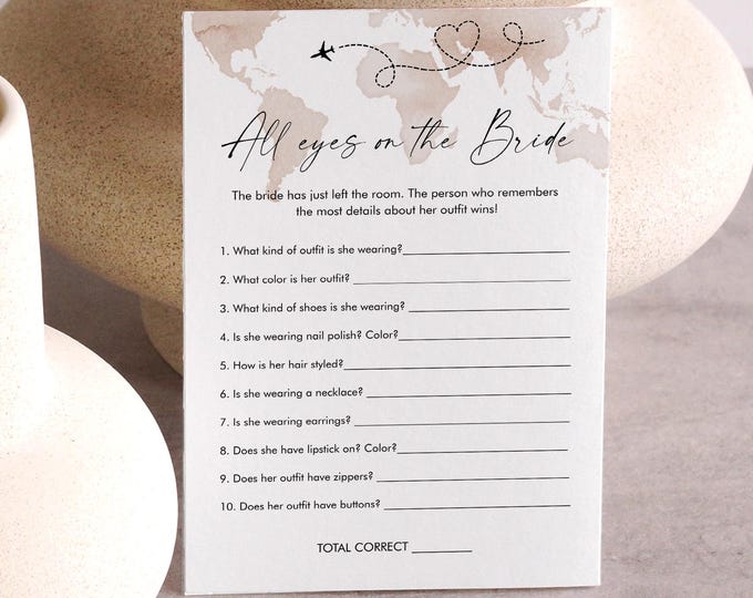 All Eyes on the Bride Game,Travel Theme Bridal Shower Game, Guess the Brides Outfit, World Map, Editable Template, Templett, 5x7 #0039-17BRG