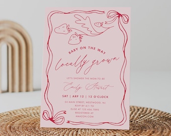 Locally Grown Baby Shower Invitation, Strawberry, Farmer, Coquette Bow, Gender Neutral, Editable Template, Instant, Templett #0058B-254BA