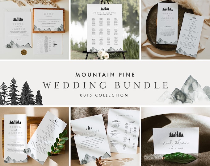 Mountain Pine Wedding Bundle, Rustic Wedding Essential Templates, Invitation Suite, Editable Text, Instant Download, Templett #0015-BUNDLE