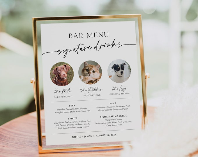 Pet Signature Drink Sign, Dog Signature Cocktail, 3 Photos, Minimalist Wedding Bar Menu, Editable Template, Instant, 8x10, 18x24 #0032-24S