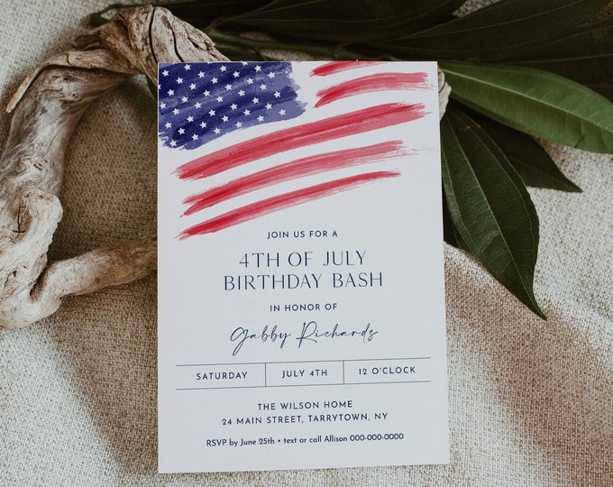 4th of July Birthday Party Invitation, Printable Fourth of July BBQ Invite, American Flag, Evite, Editable Template, Templett #0037-128BD