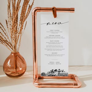 Menú de Seattle, tarjeta de menú de boda imprimible con el horizonte de la ciudad de Seattle, plantilla editable, descarga instantánea, Templett #0047-231WM