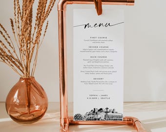 Seattle Menu, Printable Seattle City Skyline Wedding Dinner Menu Card, Editable Template, Instant Download, Templett #0047-231WM