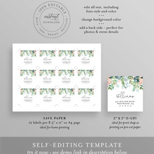 May include: A sheet of 12 printable labels with a watercolor floral design in shades of green and pink. The labels feature the text "Williams" and an address. The labels are 2 inches by 2 inches.