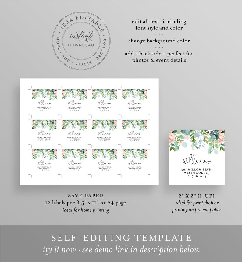May include: A sheet of 12 printable labels with a watercolor floral design in shades of green and pink. The labels feature the text "Williams" and an address. The labels are 2 inches by 2 inches.